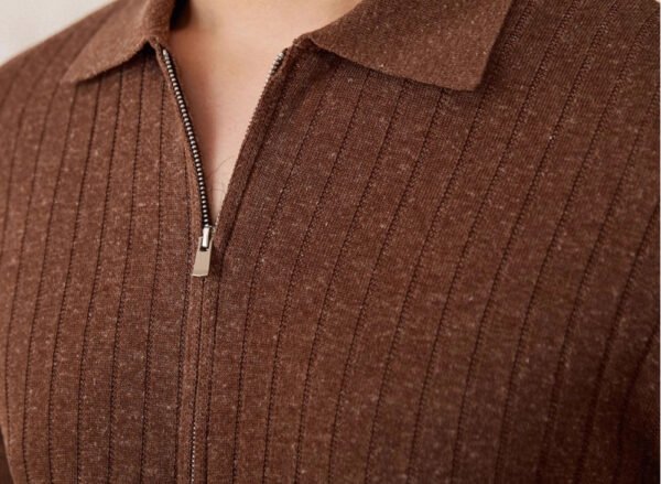 Linen Blend Lapel Zipper Sunken Stripe Short Sleeve - Image 4