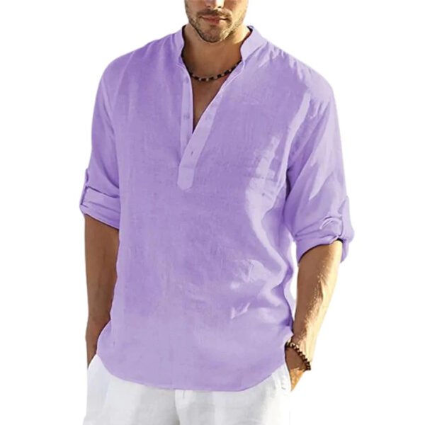 Men's Casual Cotton Linen Solid Color Long Sleeve Shirt Loose Stand Collar - Image 14