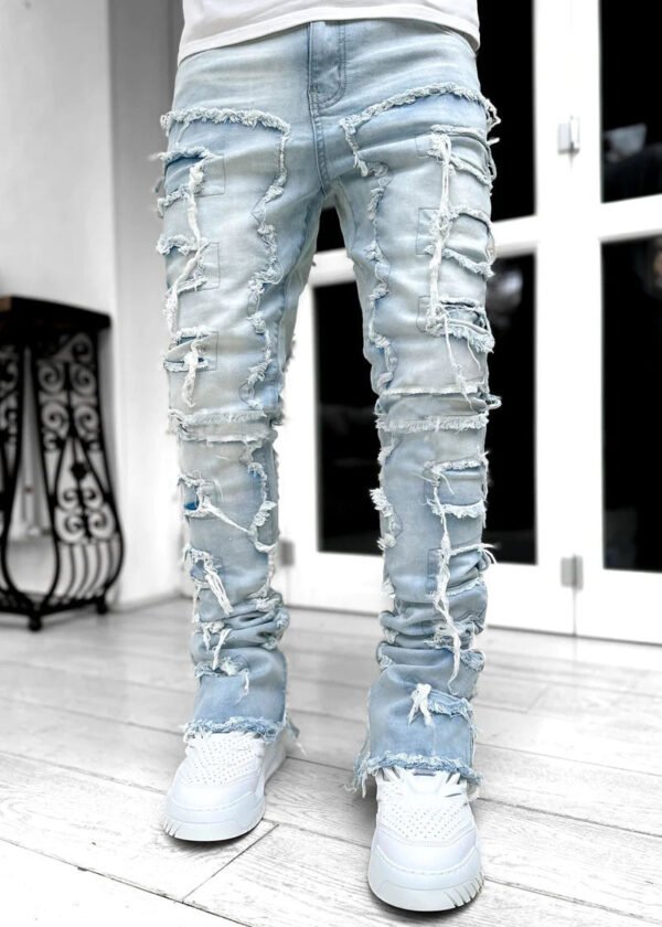 Men Trousers Individual Patched Pants Long Tight Fit Stacked Jeans For Mens Clothing - Image 9