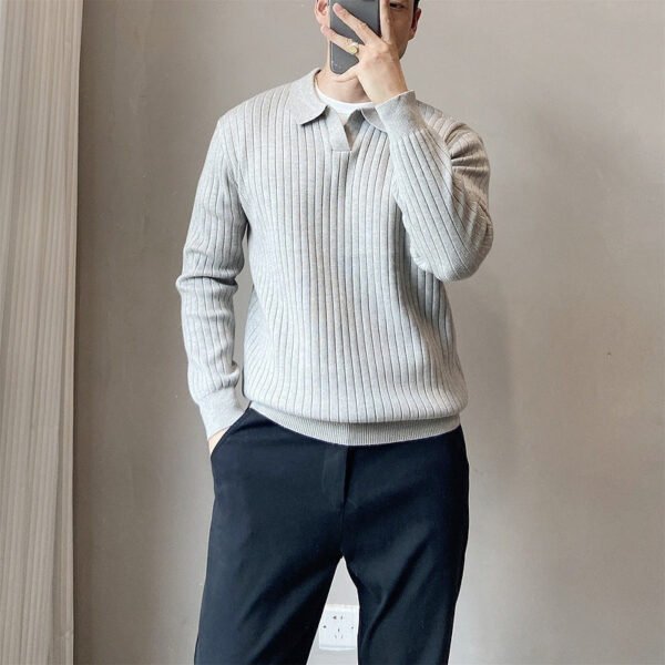 Lightly Mature Spring And Autumn Stripes Lapel Boys Texture Loose Elastic Knitted Sweater - Image 3
