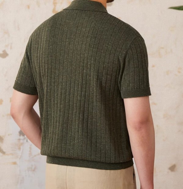 Linen Blend Lapel Zipper Sunken Stripe Short Sleeve - Image 3