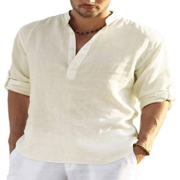 Men's Casual Cotton Linen Solid Color Long Sleeve Shirt Loose Stand Collar - Image 4