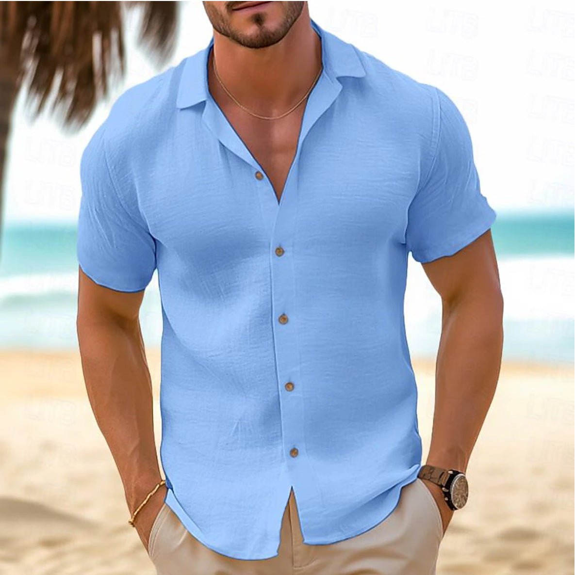 Men's Button Beach Shirt Short Sleeve - Image 11