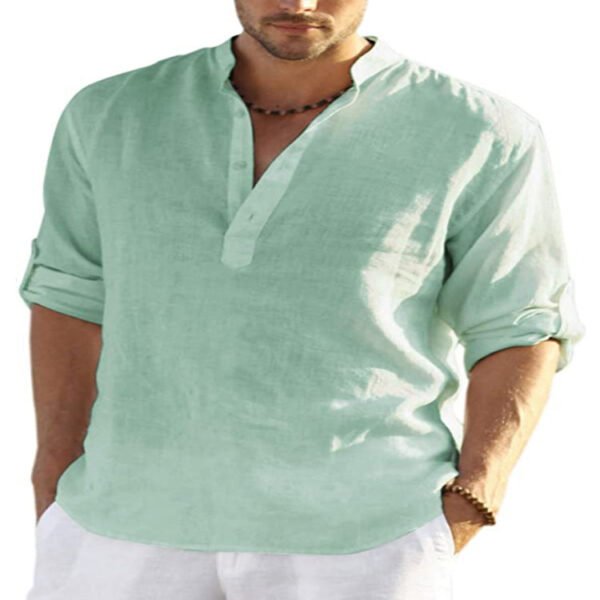 Men's Casual Cotton Linen Solid Color Long Sleeve Shirt Loose Stand Collar - Image 7