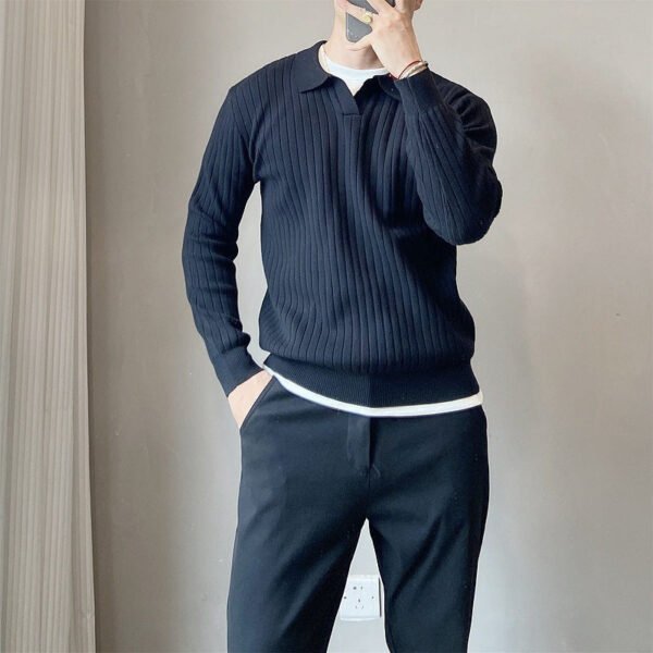 Lightly Mature Spring And Autumn Stripes Lapel Boys Texture Loose Elastic Knitted Sweater - Image 7