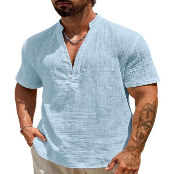 Men's Cotton And Linen Double-layer Solid Color Cuban Collar Short Sleeve Shirt - Image 2