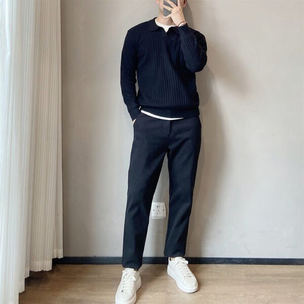Lightly Mature Spring And Autumn Stripes Lapel Boys Texture Loose Elastic Knitted Sweater - Image 5