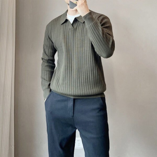 Lightly Mature Spring And Autumn Stripes Lapel Boys Texture Loose Elastic Knitted Sweater - Image 6