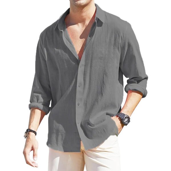 Men's Linen Cardigan Single Row Lapel Long Sleeve Shirt - Image 3
