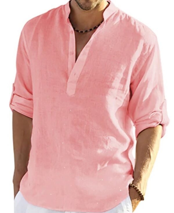 Men's Casual Cotton Linen Solid Color Long Sleeve Shirt Loose Stand Collar - Image 12