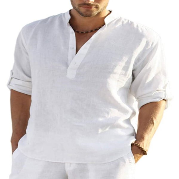 Men's Casual Cotton Linen Solid Color Long Sleeve Shirt Loose Stand Collar - Image 15