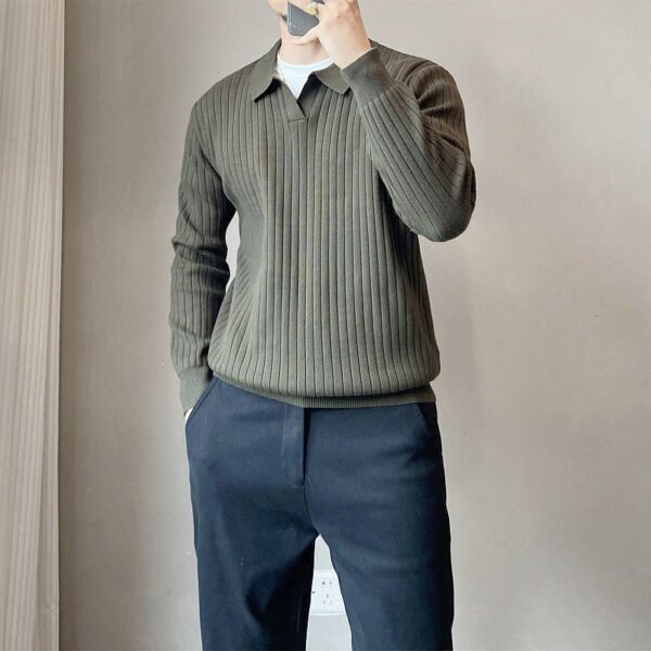 Lightly Mature Spring And Autumn Stripes Lapel Boys Texture Loose Elastic Knitted Sweater - Image 2