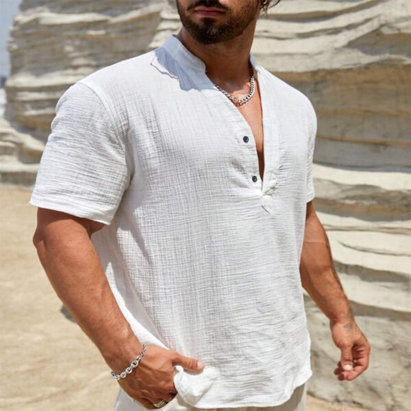 Men's Cotton And Linen Double-layer Solid Color Cuban Collar Short Sleeve Shirt - Image 3