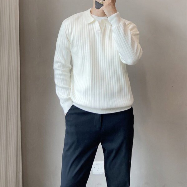 Lightly Mature Spring And Autumn Stripes Lapel Boys Texture Loose Elastic Knitted Sweater - Image 10