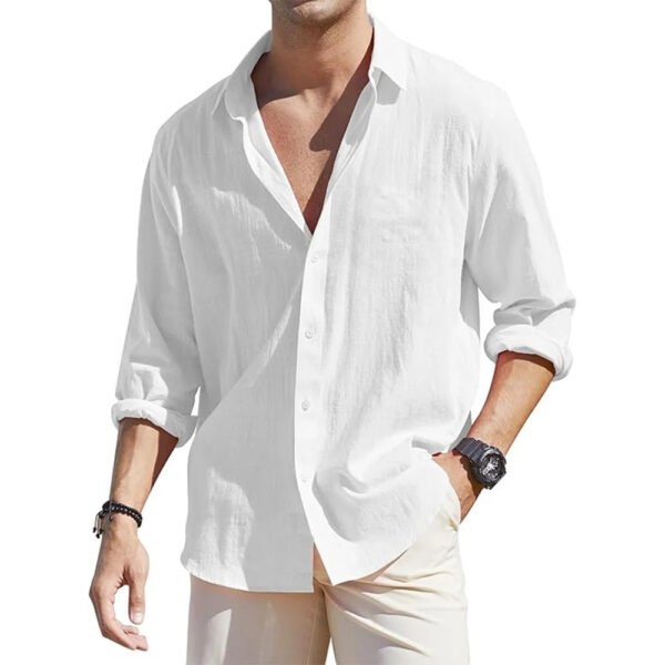 Men's Linen Cardigan Single Row Lapel Long Sleeve Shirt - Image 5
