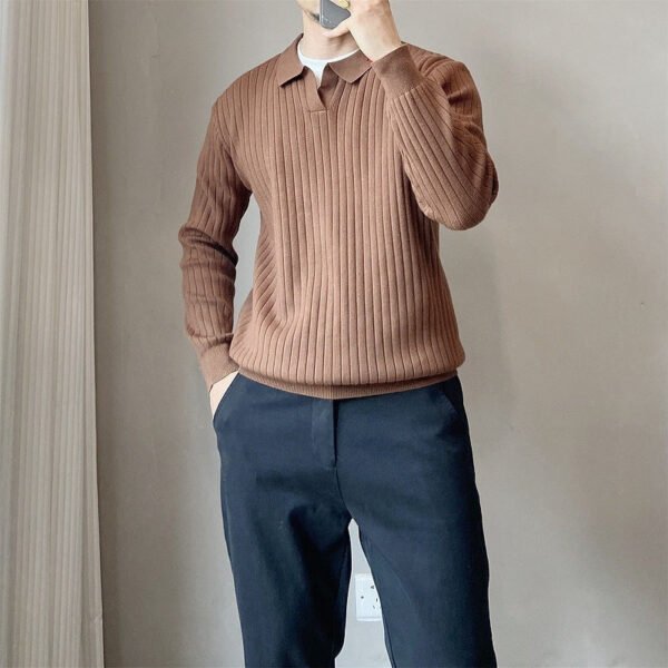 Lightly Mature Spring And Autumn Stripes Lapel Boys Texture Loose Elastic Knitted Sweater - Image 8