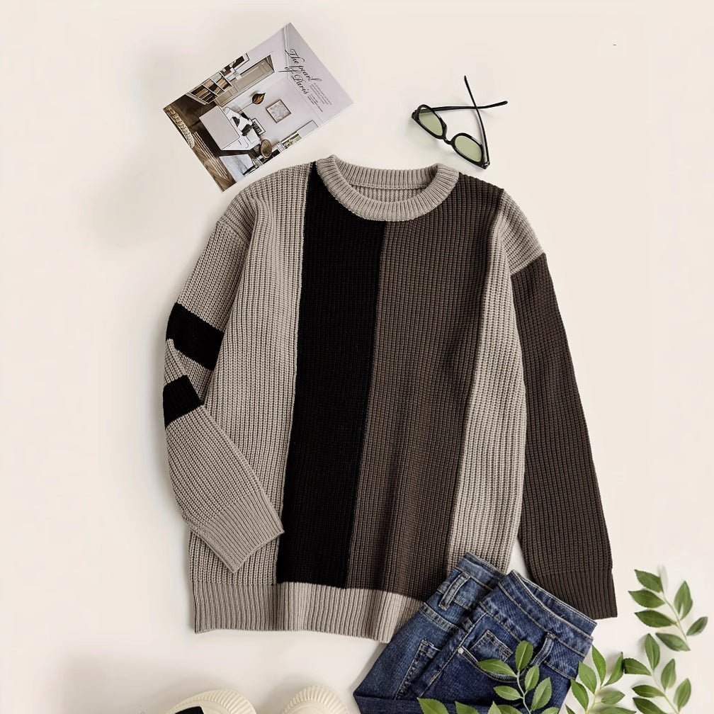 Contrast Color Fashion All-match College Style Round Neck Pullover Men's Sweater - Image 5