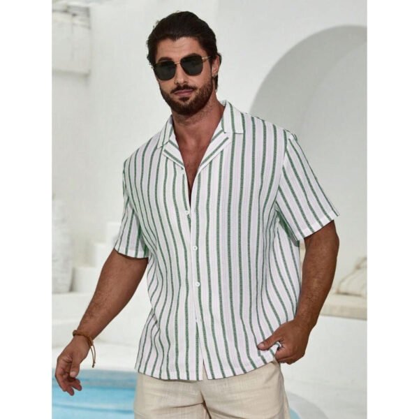 Geometric Contrast Color Striped 3D Digital Printing Short Sleeve Shirt - Image 11