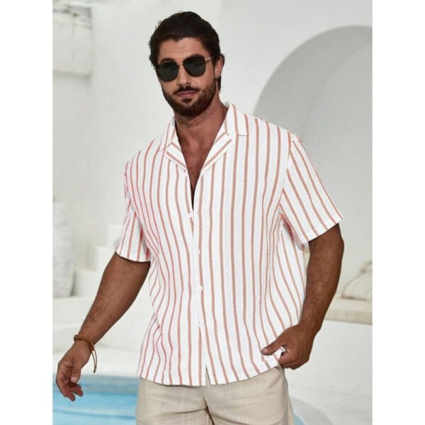 Geometric Contrast Color Striped 3D Digital Printing Short Sleeve Shirt - Image 3