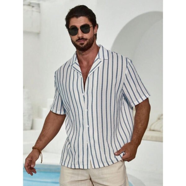Geometric Contrast Color Striped 3D Digital Printing Short Sleeve Shirt - Image 8
