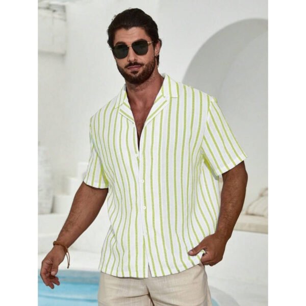 Geometric Contrast Color Striped 3D Digital Printing Short Sleeve Shirt - Image 2