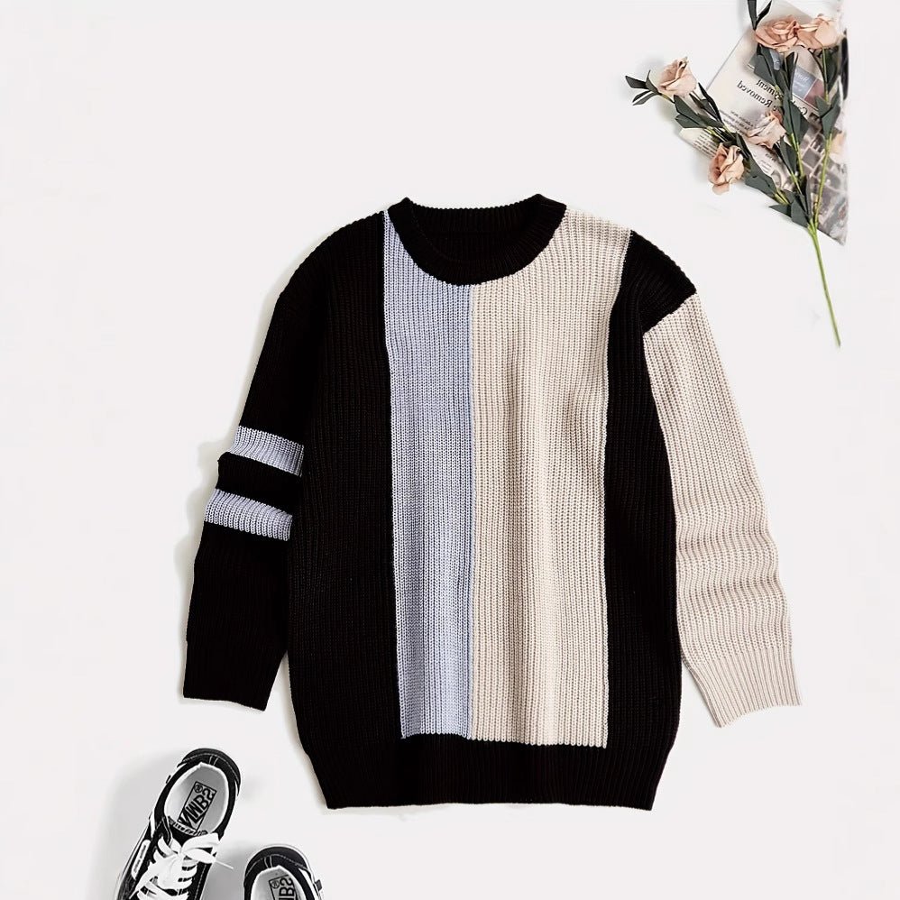 Contrast Color Fashion All-match College Style Round Neck Pullover Men's Sweater - Image 4