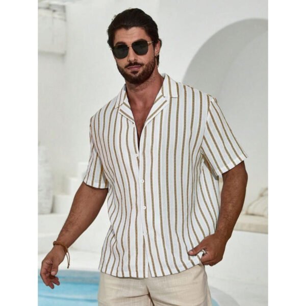 Geometric Contrast Color Striped 3D Digital Printing Short Sleeve Shirt - Image 9