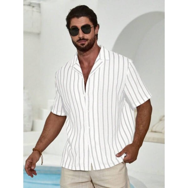 Geometric Contrast Color Striped 3D Digital Printing Short Sleeve Shirt - Image 10