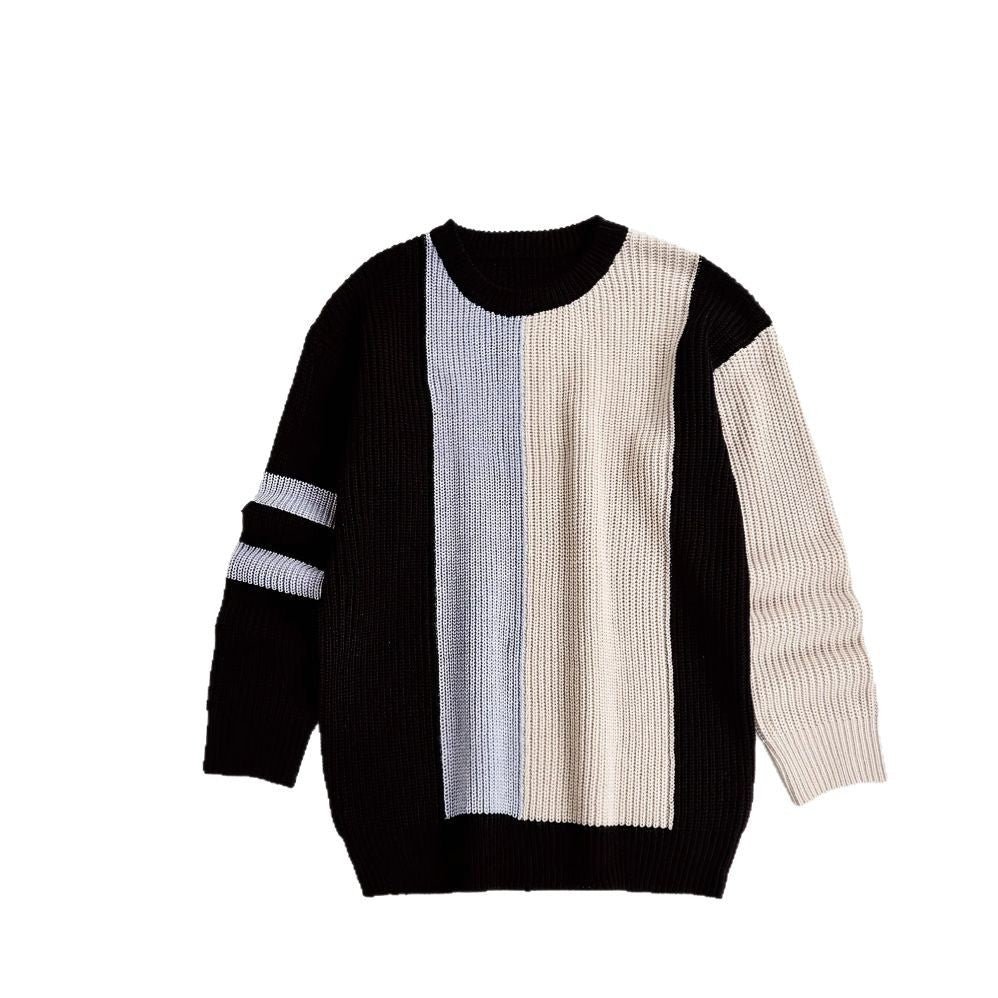 Contrast Color Fashion All-match College Style Round Neck Pullover Men's Sweater - Image 3