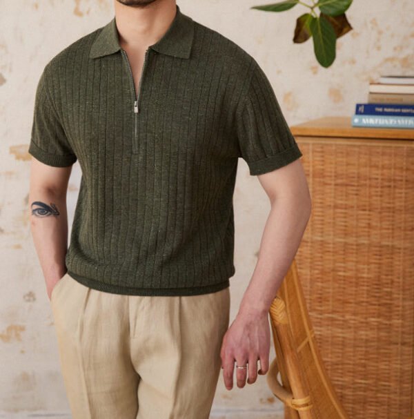 Linen Blend Lapel Zipper Sunken Stripe Short Sleeve - Image 7