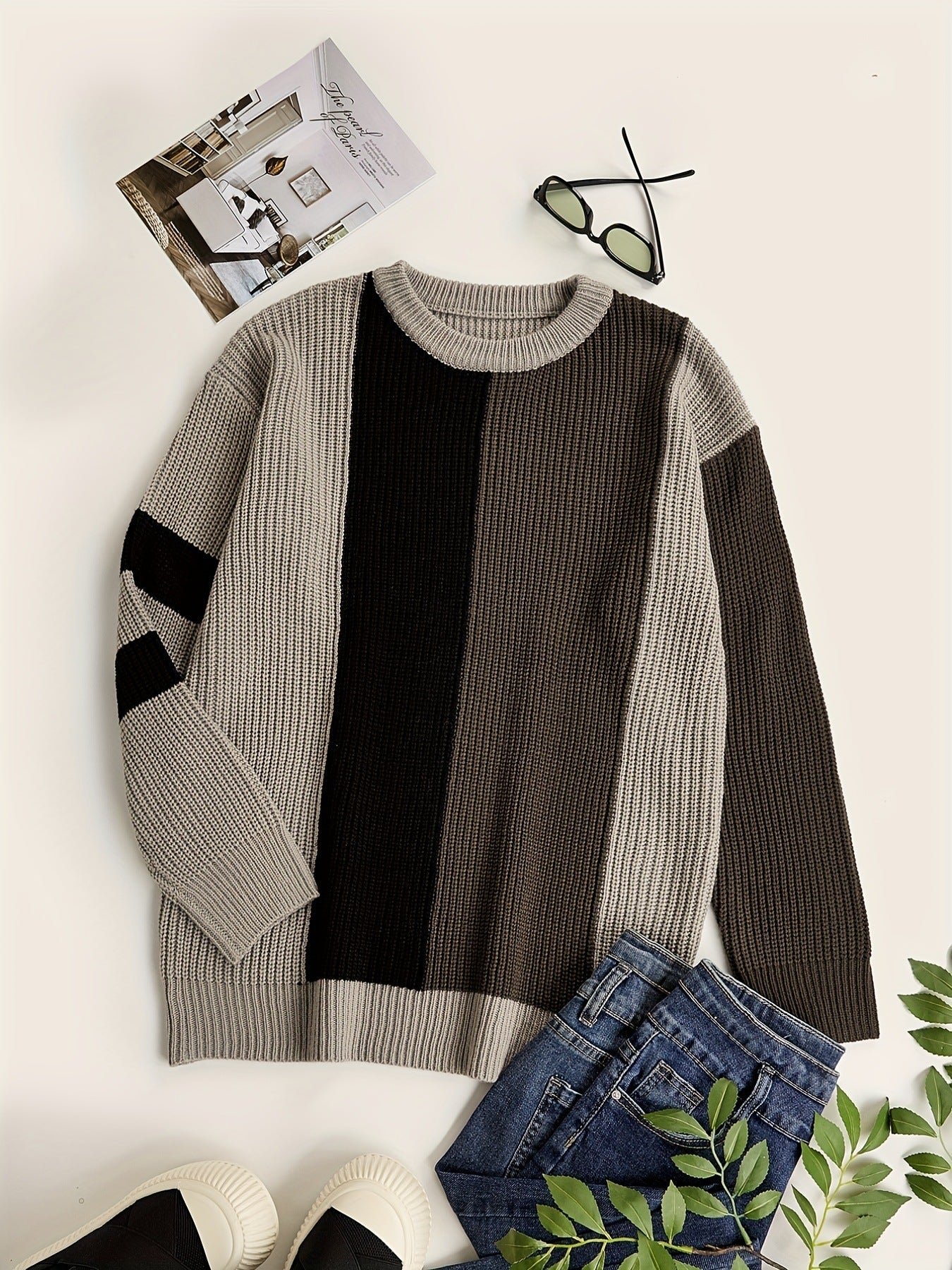 Contrast Color Fashion All-match College Style Round Neck Pullover Men's Sweater - Image 2