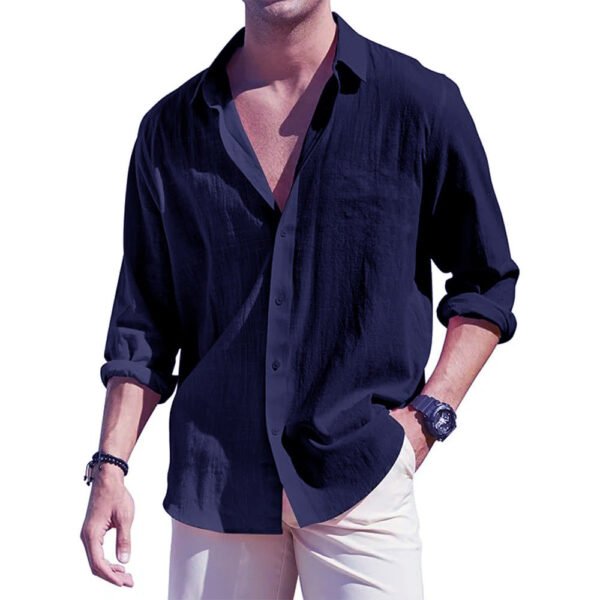 Men's Linen Cardigan Single Row Lapel Long Sleeve Shirt - Image 7