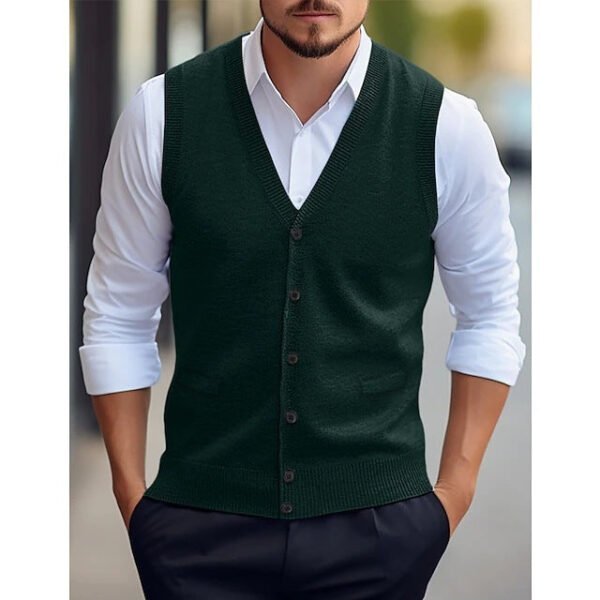 Casual Vest Solid Color Sleeveless Four Seasons Wool Knit Cardigan Men's Vest - Image 4