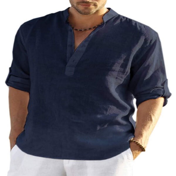 Men's Casual Cotton Linen Solid Color Long Sleeve Shirt Loose Stand Collar - Image 11
