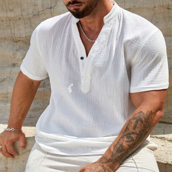Men's Cotton And Linen Double-layer Solid Color Cuban Collar Short Sleeve Shirt - Image 6
