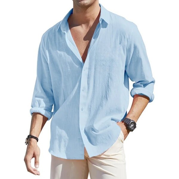 Men's Linen Cardigan Single Row Lapel Long Sleeve Shirt - Image 4
