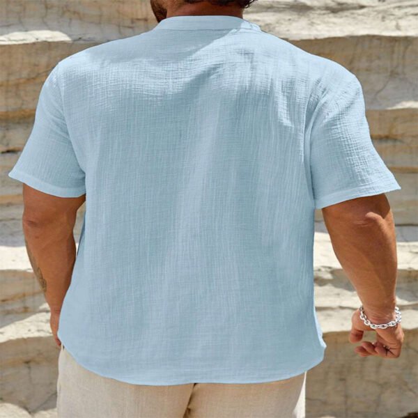 Men's Cotton And Linen Double-layer Solid Color Cuban Collar Short Sleeve Shirt - Image 4