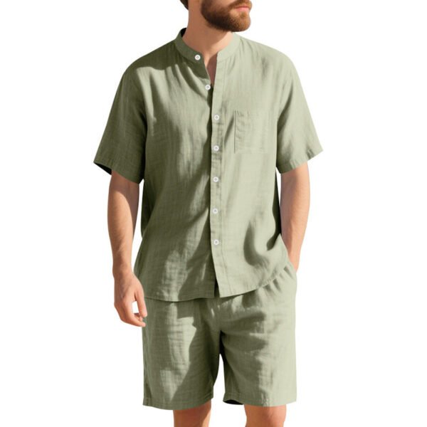 American Linen Suit Men's Summer Two-piece Suit Henry Collar Beach - Image 5