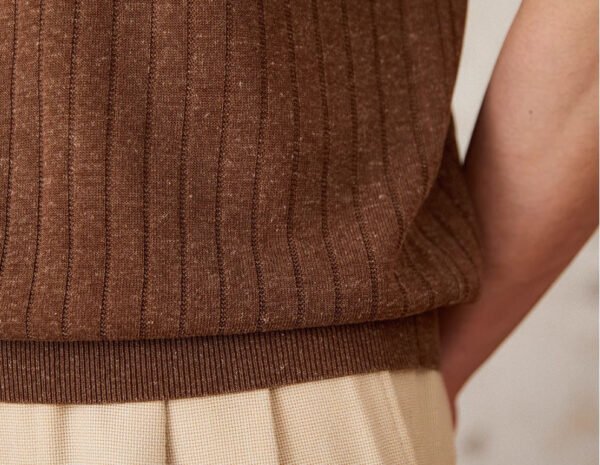 Linen Blend Lapel Zipper Sunken Stripe Short Sleeve - Image 2