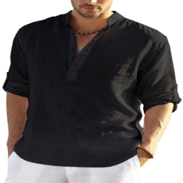 Men's Casual Cotton Linen Solid Color Long Sleeve Shirt Loose Stand Collar - Image 5