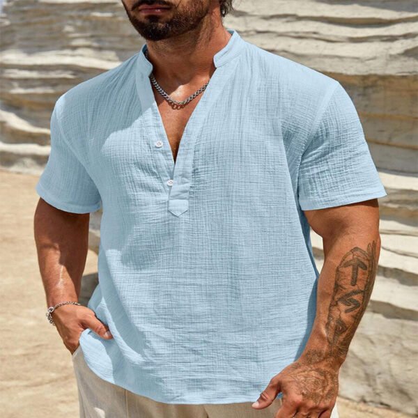 Men's Cotton And Linen Double-layer Solid Color Cuban Collar Short Sleeve Shirt - Image 5