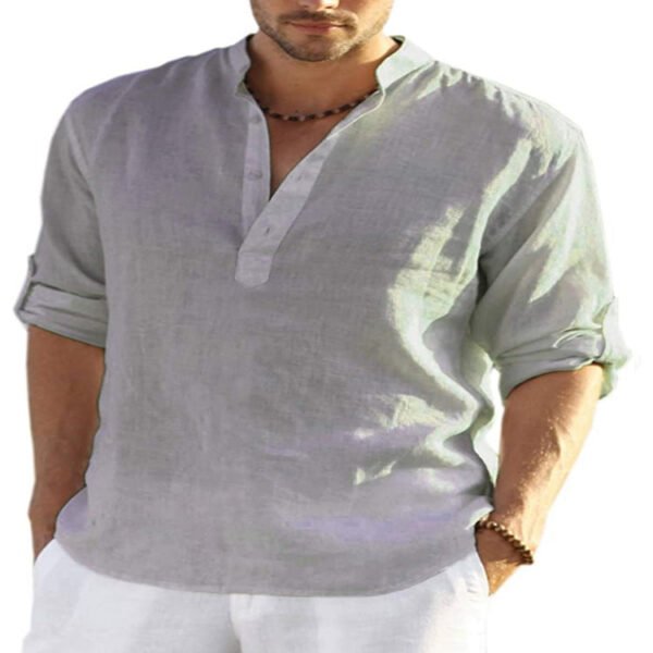Men's Casual Cotton Linen Solid Color Long Sleeve Shirt Loose Stand Collar - Image 8