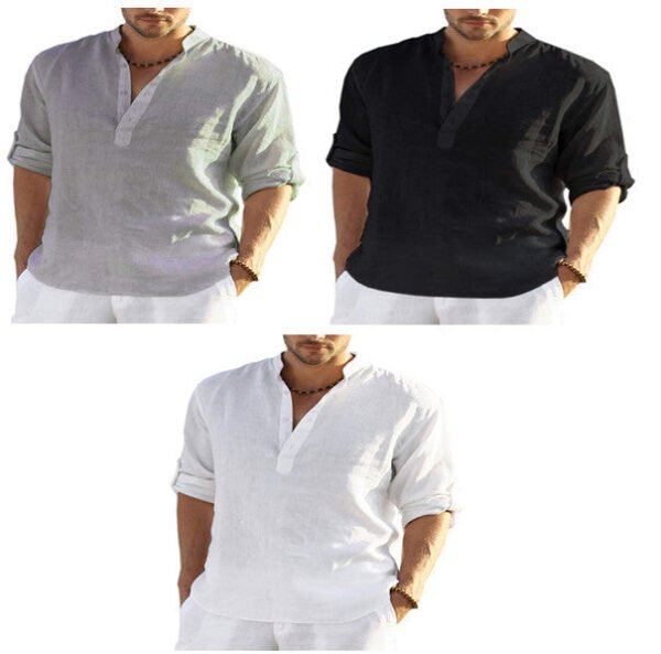 Men's Casual Cotton Linen Solid Color Long Sleeve Shirt Loose Stand Collar - Image 2